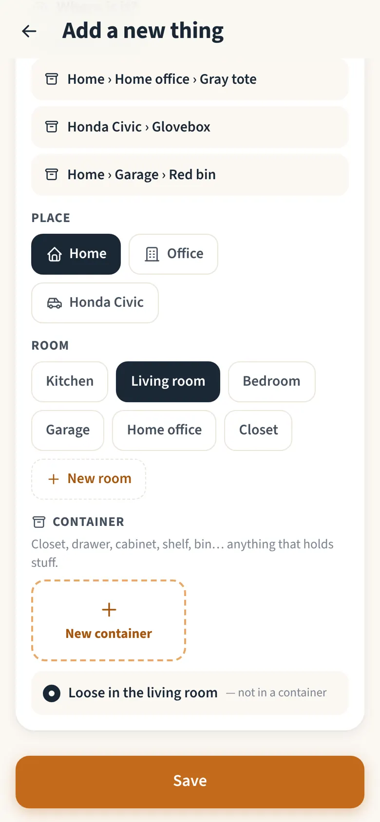 Adding a thing and picking its container