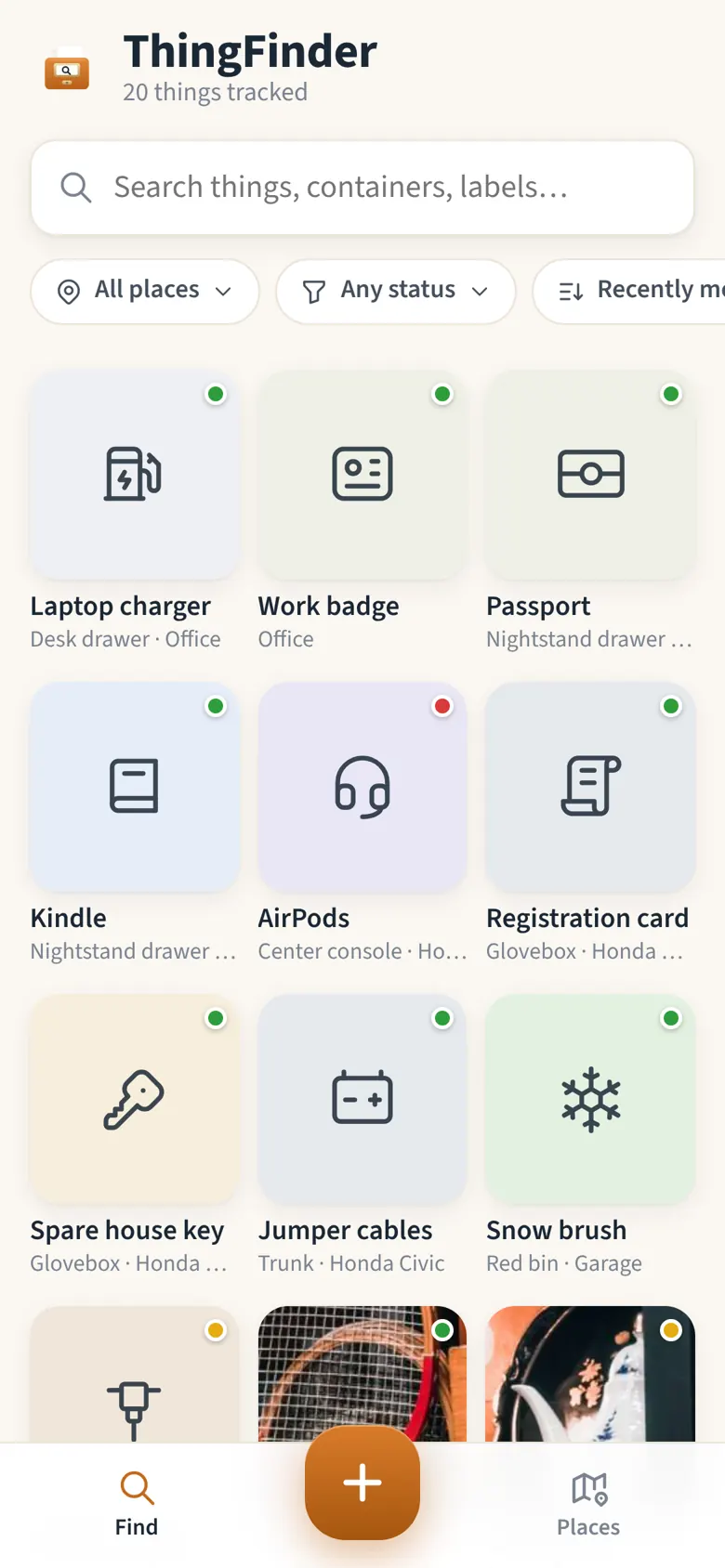 ThingFinder search screen showing tracked things